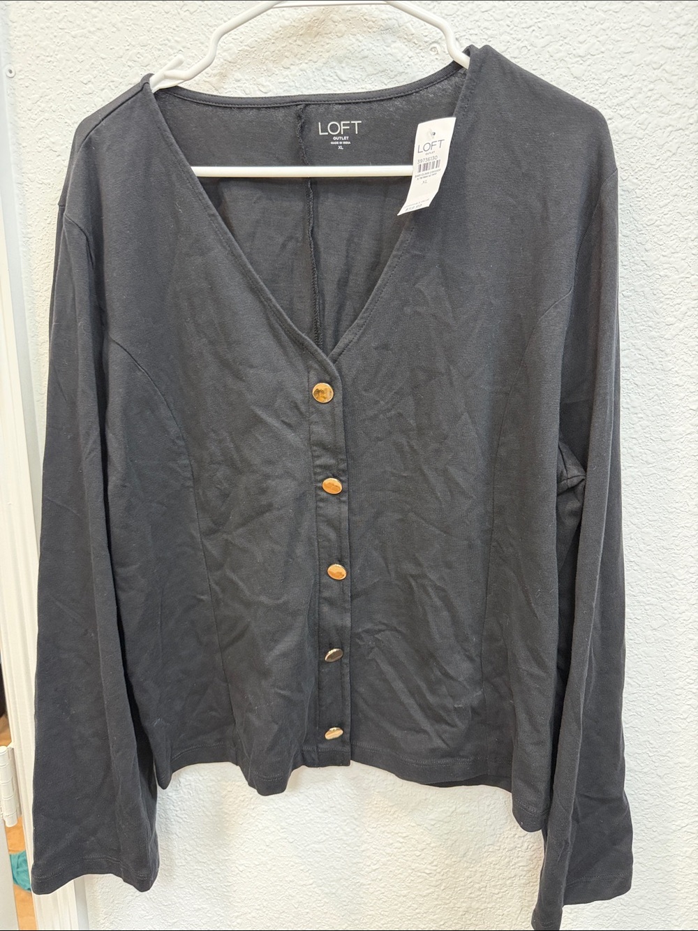 LOFT Black Button-Front V-Neck Long Sleeve Top